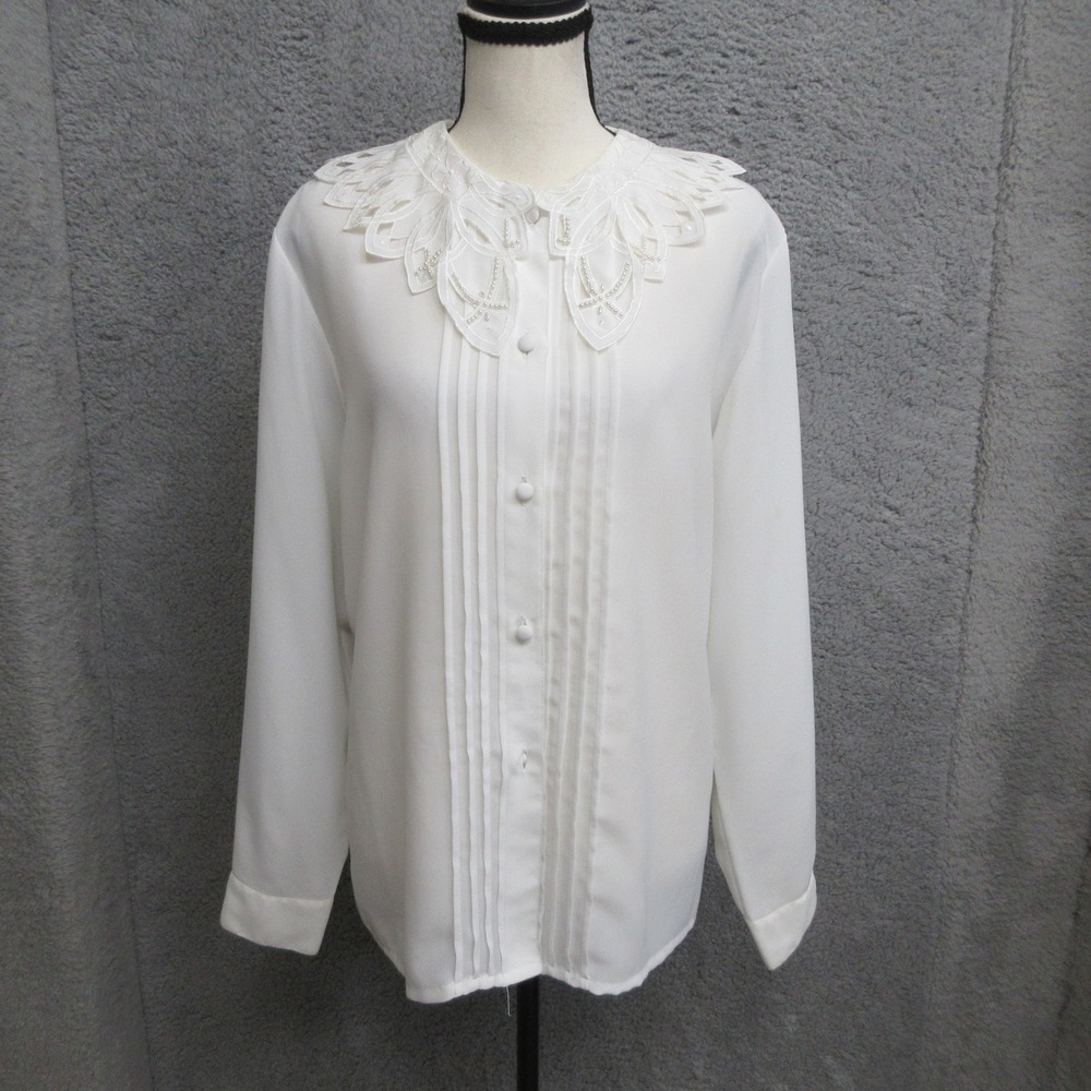 Cathy Che Pearl Beaded Lace Collar Blouse Women 12 White Pleated Cottagecore